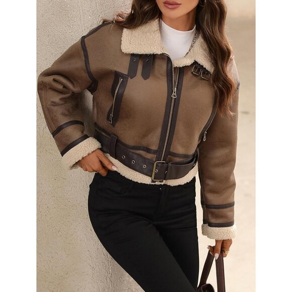 Women's Winter Faux Lamb Fur Leather Short Jacket Lapel Zipper Bomber Coat Camel - Picture 4 of 9